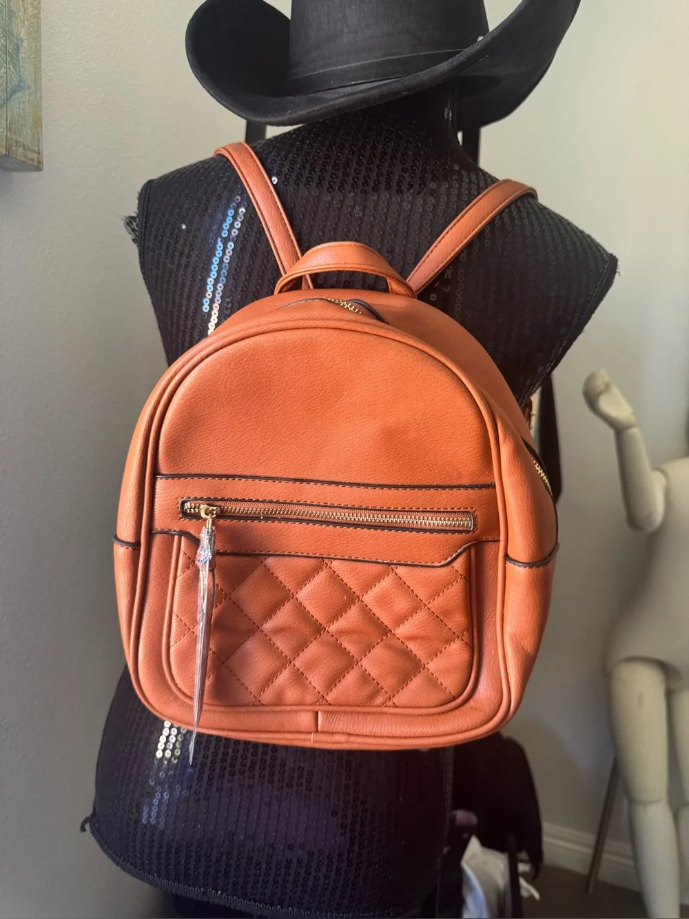 Women's Quilted Mini Backpack - Orange